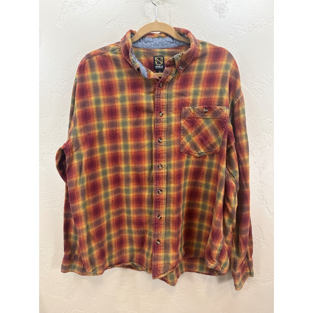 Noble Outfitters Mens XL Flannel Plaid Button Down Shirt Orange Burgundy Cotton